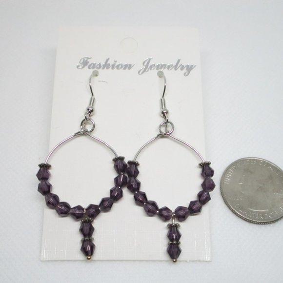 Stainless Steel Hoop Dangle Earrings with 4 mm Bicone Crystal Purple Bead - Picture 4 of 4